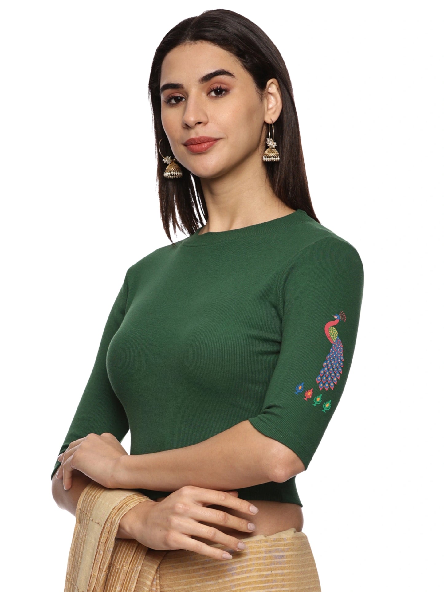 Women Back Printed Stretchable Elbow Sleeve RIB Blouse U0254 Bottle Green