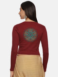 Women Back Printed Stretchable Full Sleeve V Neck RIB Blouse U0188 Maroon