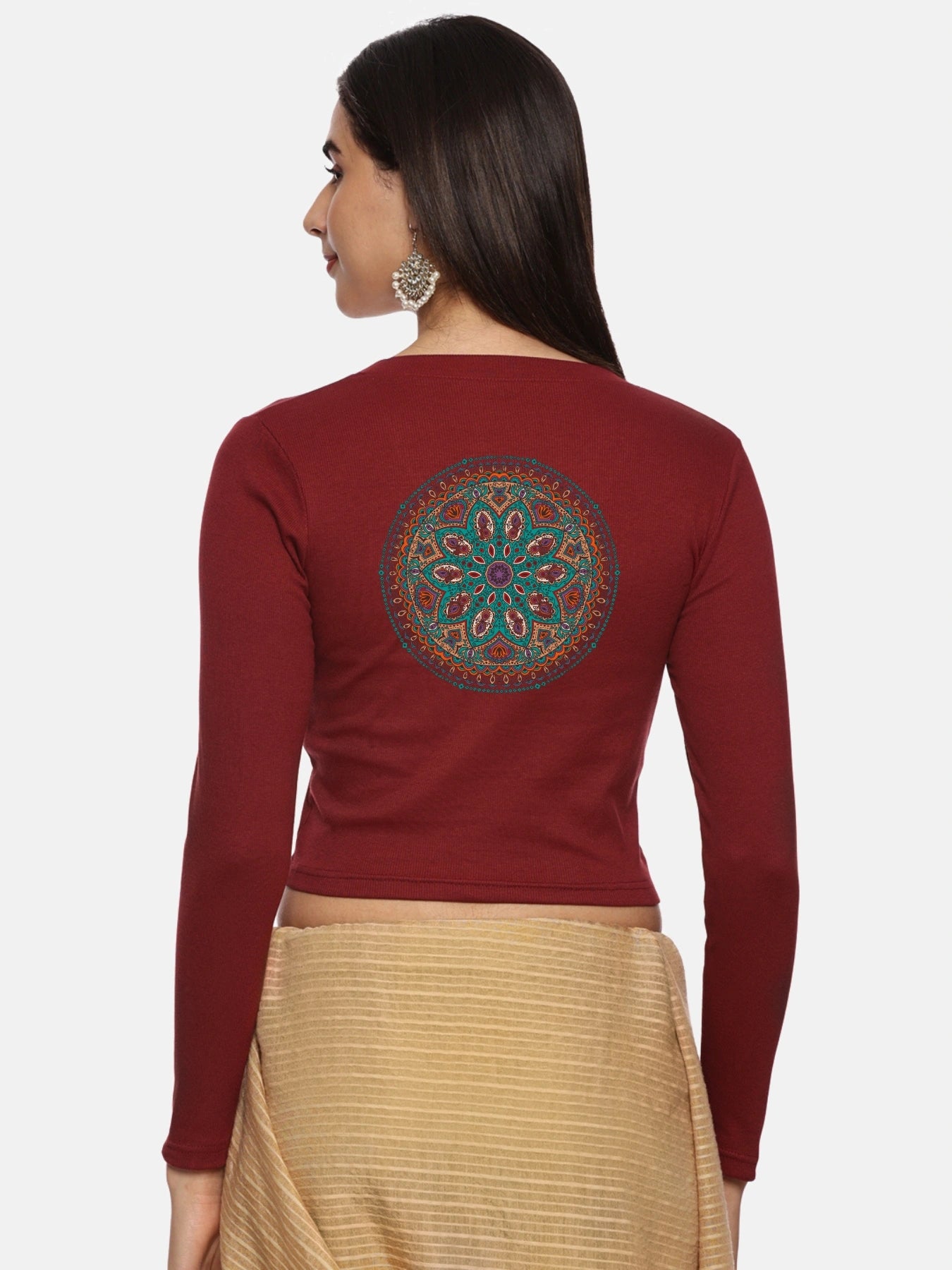 Women Back Printed Stretchable Full Sleeve V Neck RIB Blouse U0188