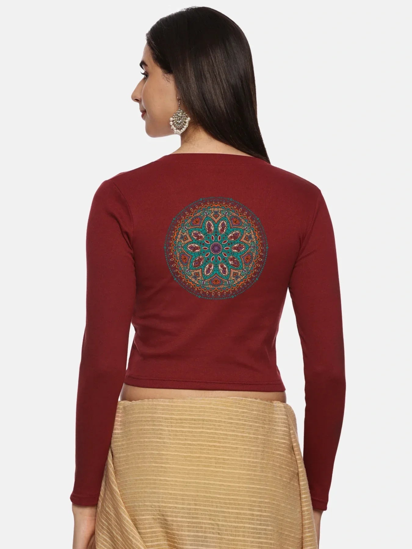 Women Back Printed Stretchable Full Sleeve V Neck RIB Blouse U0188 - notyetbyus
