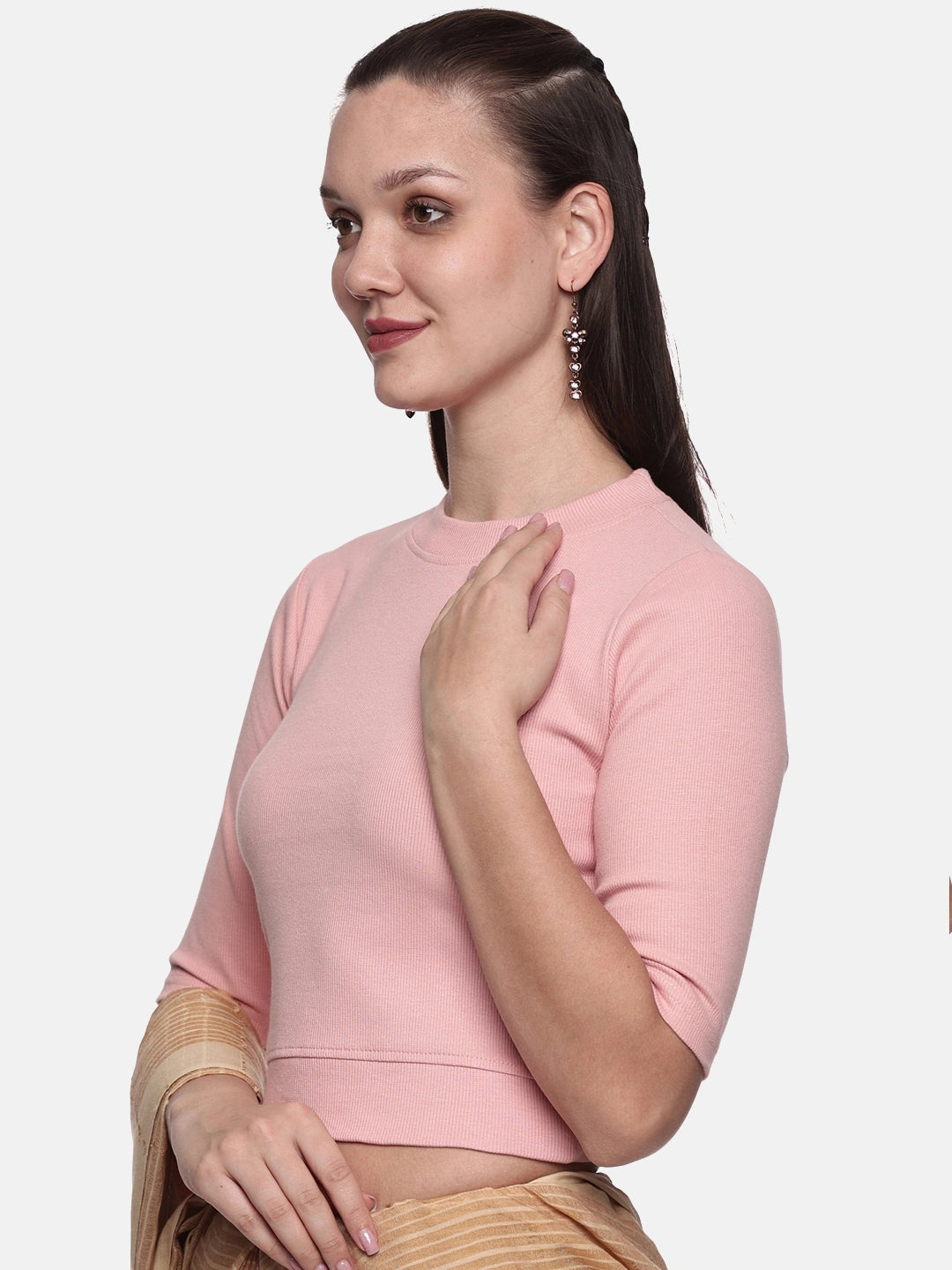 Women Plain Stretchable Elbow Sleeve RIB Blouse U0121 Blush Pink