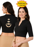 Women Mandarin Collar Back Gold Printed Stretchable Elbow Sleeve Blouse M0283 Black