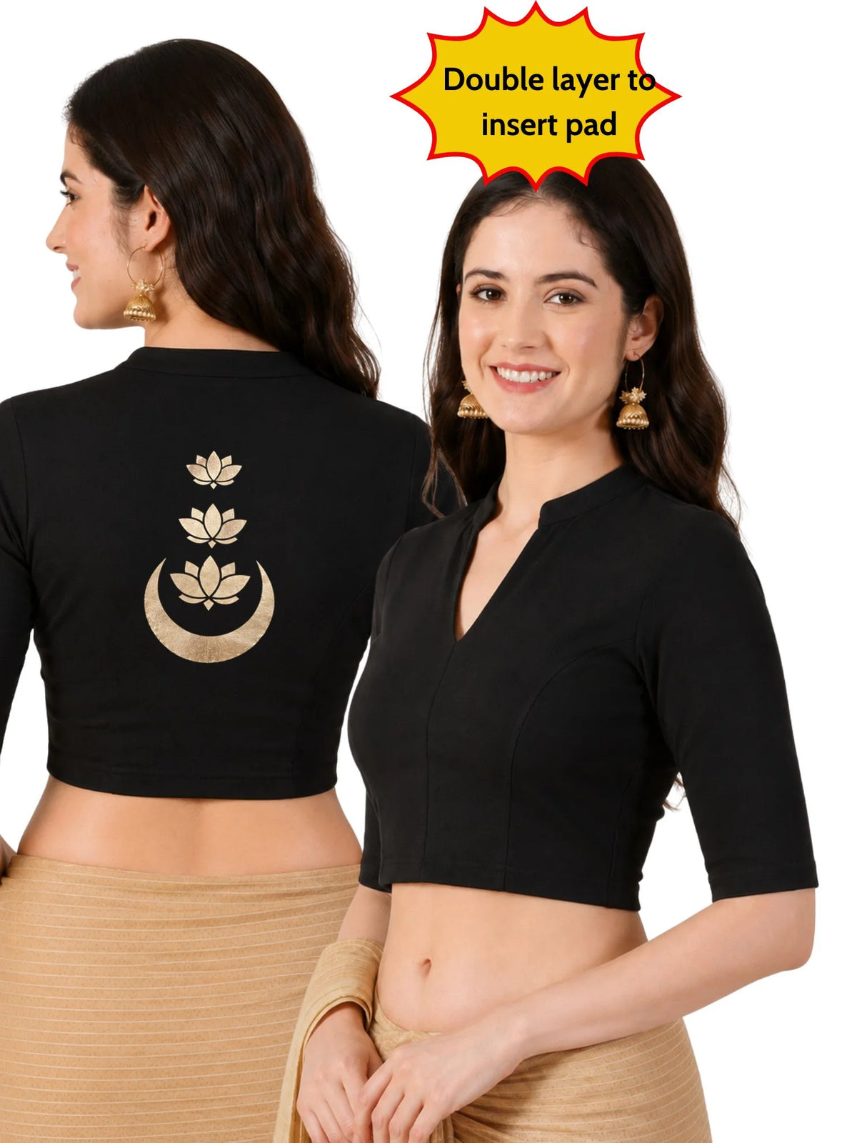 Women Mandarin Collar Back Gold Printed Stretchable Elbow Sleeve Blouse M0283 Black