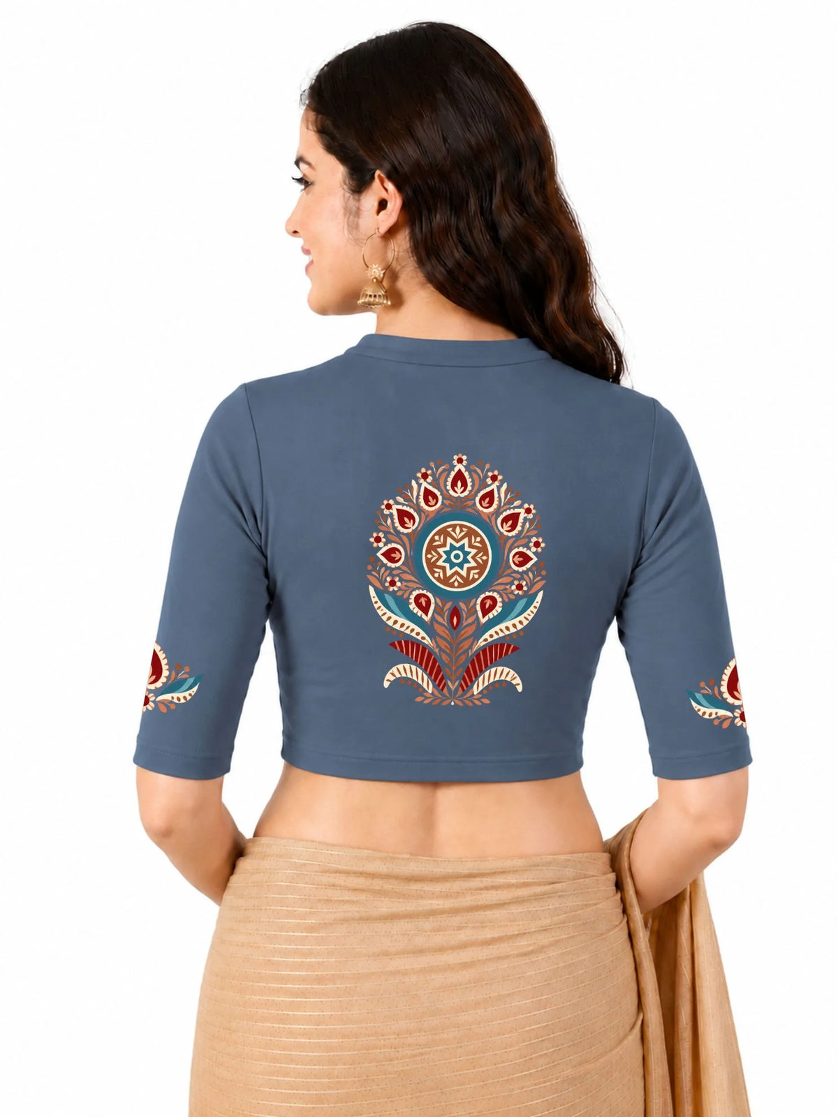 Women Mandarin Collar Back Printed Stretchable Elbow Sleeve Blouse U0280 Elephant Grey