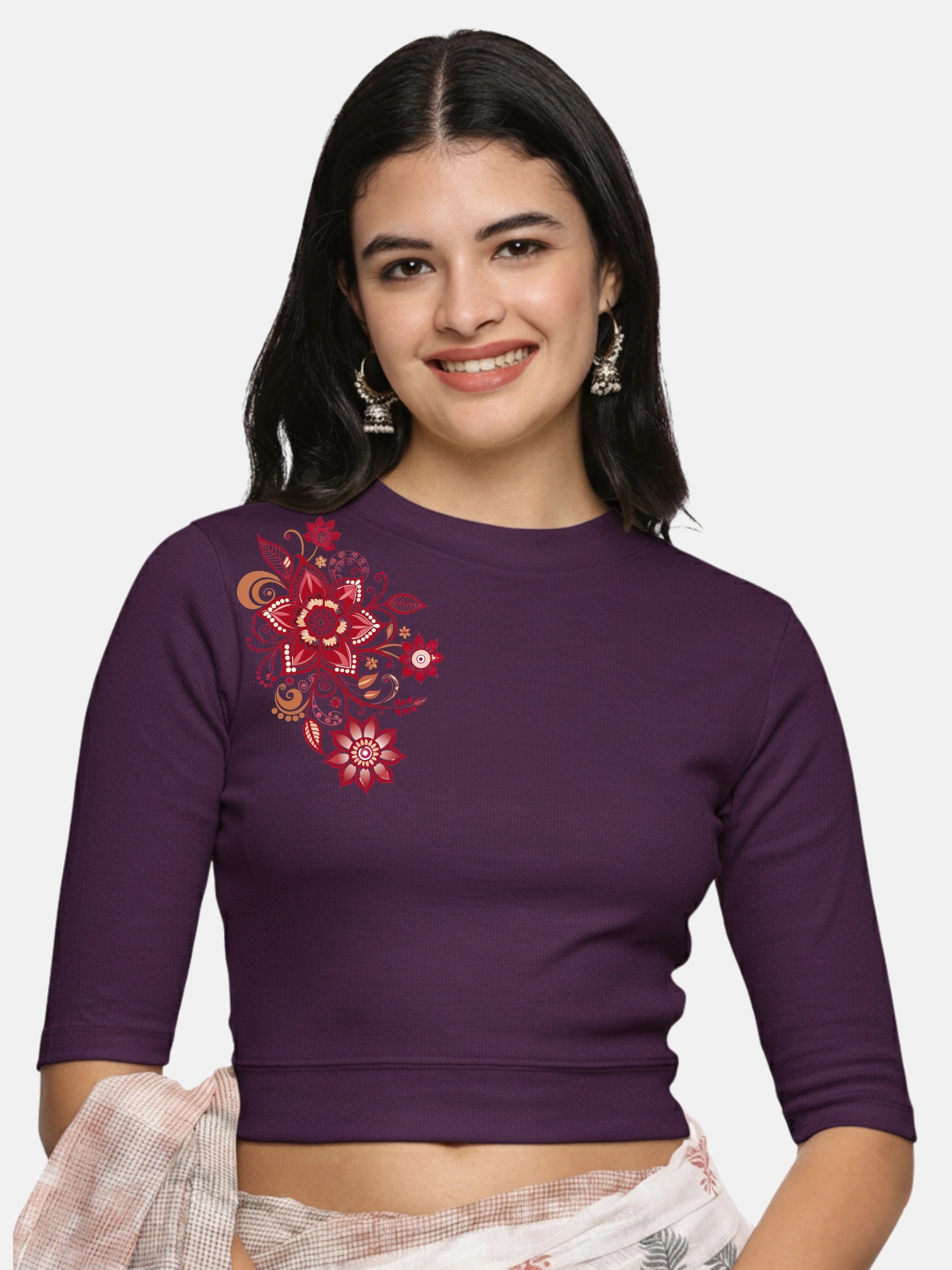 Women Back Printed Stretchable Elbow Sleeve RIB Blouse U0122 - notyetbyus