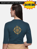 Women Back Printed Stretchable Elbow Sleeve RIB Blouse U0167 Teal Green