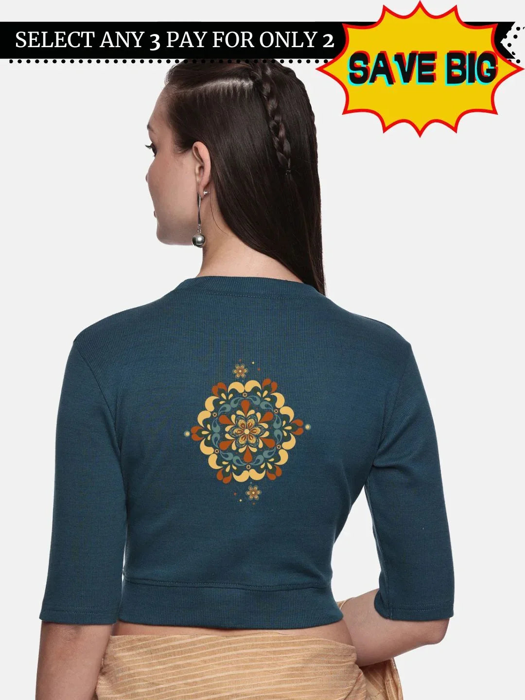 Women Back Printed Stretchable Elbow Sleeve RIB Blouse U0167 - notyetbyus