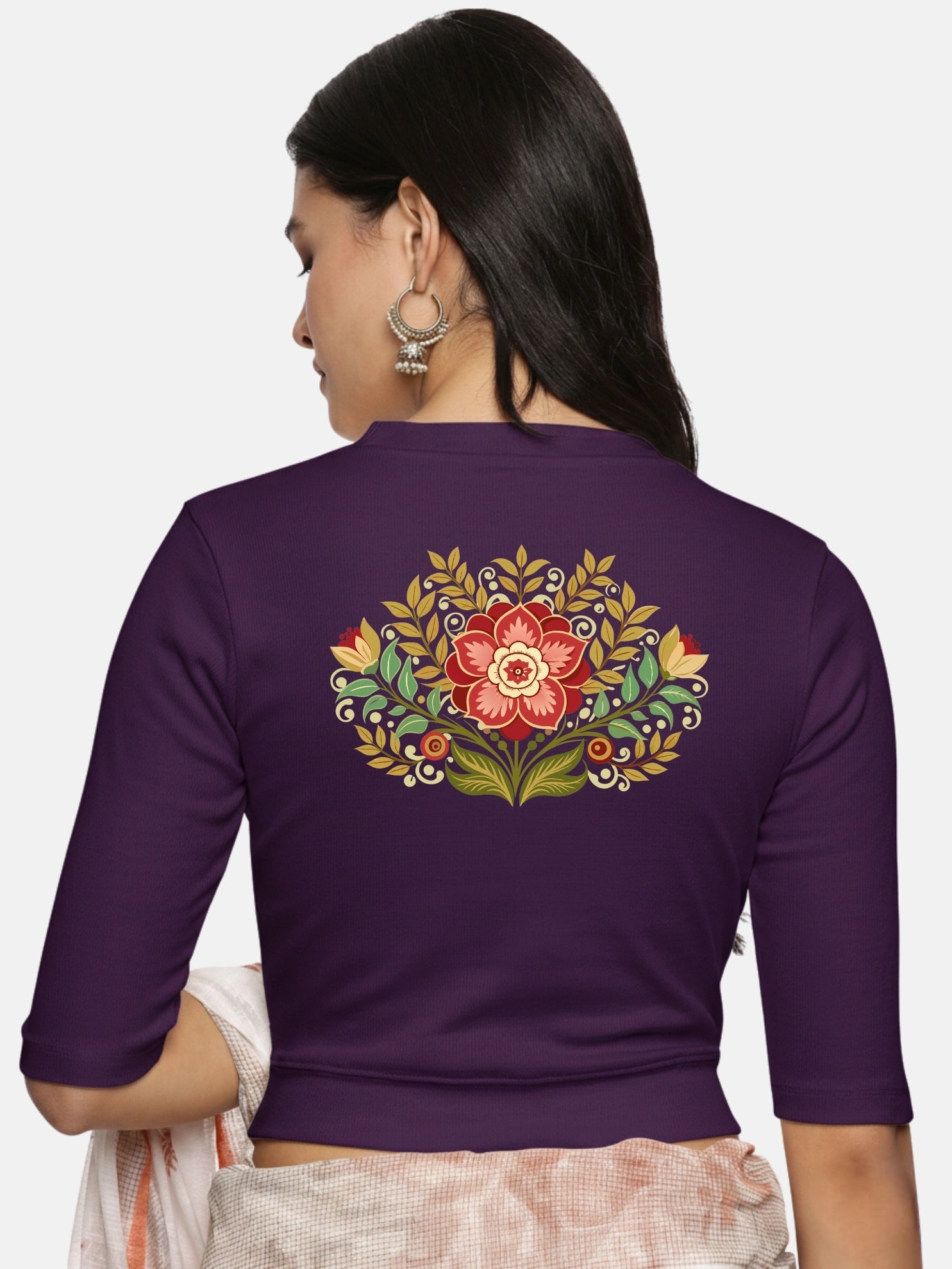 Women Back Printed Stretchable Elbow Sleeve RIB Blouse U0120 - notyetbyus