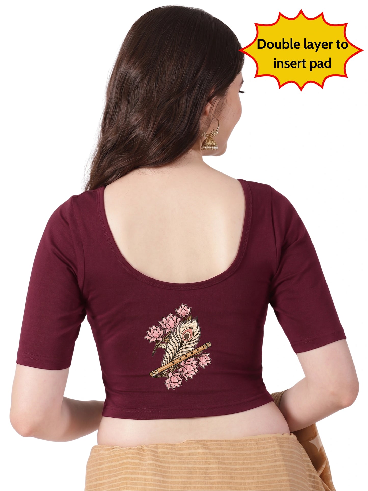 Women Front Open Back Printed Stretchable Half Sleeve Blouse U0262 Maroon