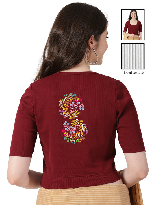 Women Stretchable Rib Square Neck Puff Sleeve Blouse Back Print U0257 Maroon