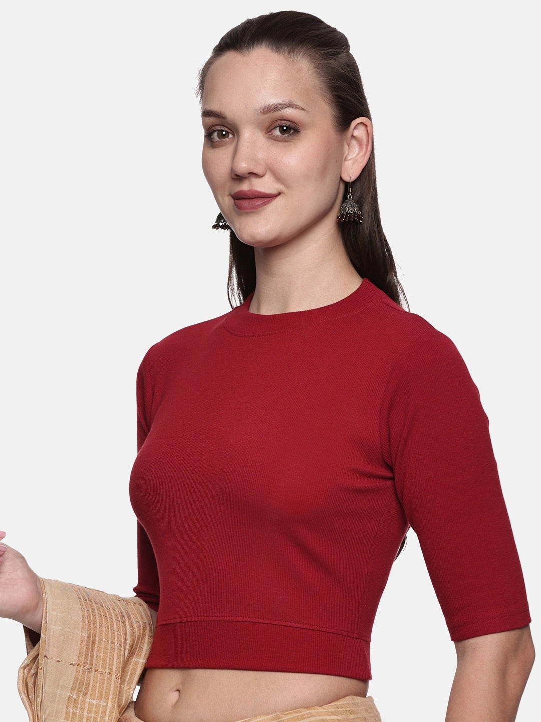 Women Plain Stretchable Elbow Sleeve RIB Blouse U0121 Burgandy