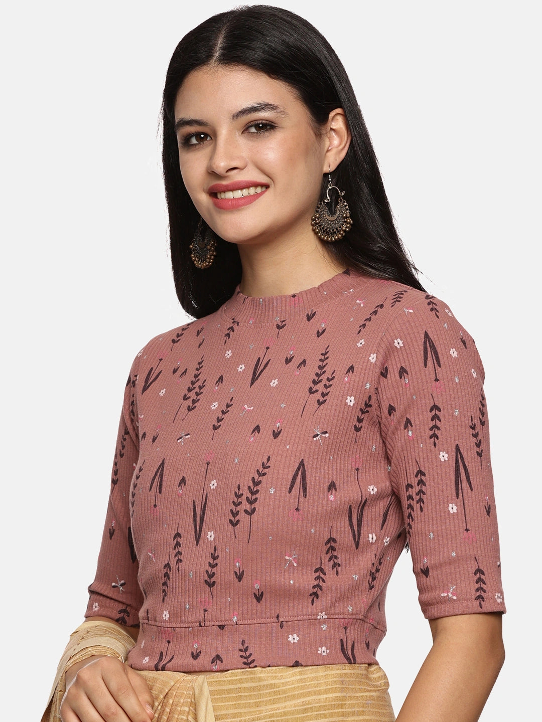 Women Allover Printed Stretchable Elbow Sleeve RIB Blouse UA015 - notyetbyus