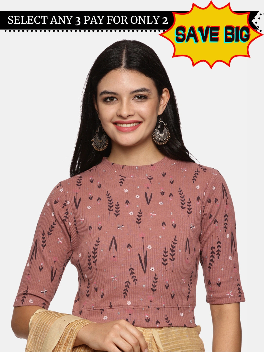 Women Allover Printed Stretchable Elbow Sleeve RIB Blouse UA015 - notyetbyus