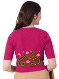 Women Stretchable Rib Square Neck Puff Sleeve Blouse Back Print U0258 Rani Pink