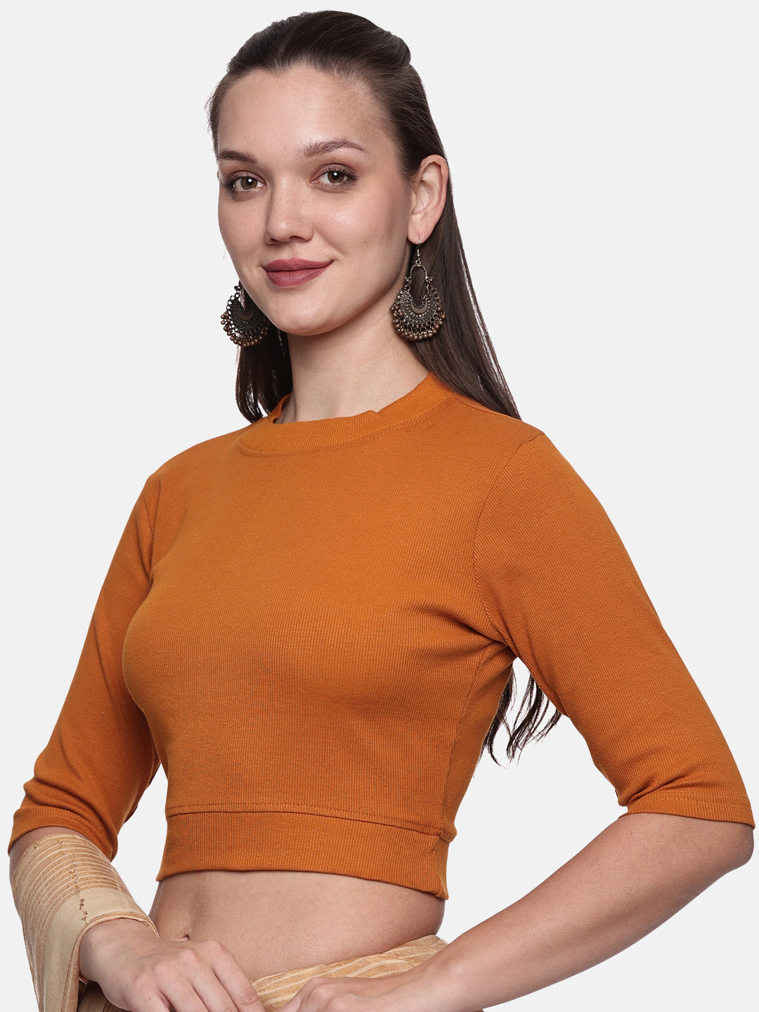 Women Back Printed Stretchable Elbow Sleeve RIB Blouse U0129R - notyetbyus