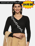 Women Back Printed Stretchable Full Sleeve V Neck RIB Blouse U0219 Black