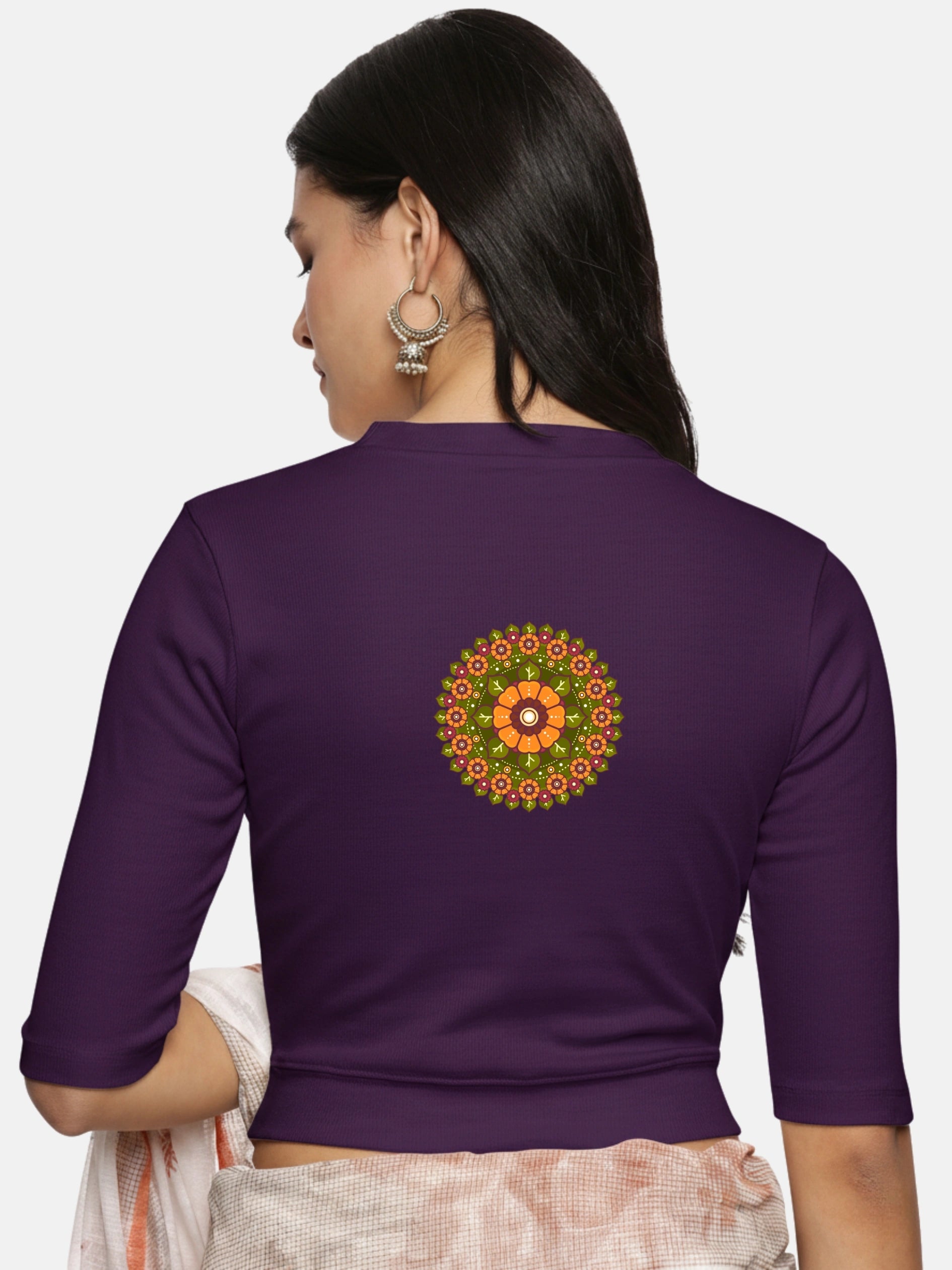 Women Back Printed Stretchable Elbow Sleeve RIB Blouse U0129R - notyetbyus