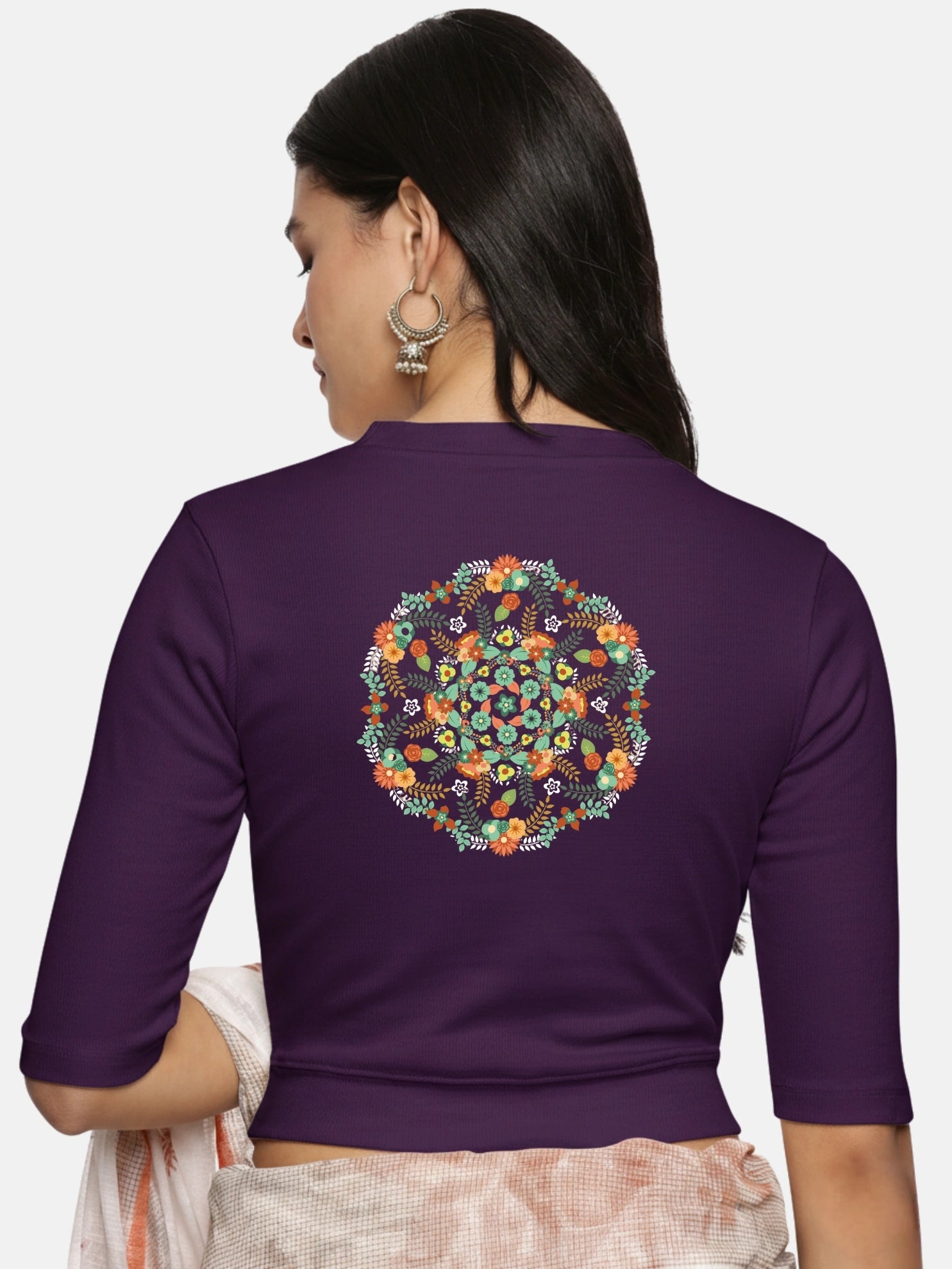 Women Back Printed Stretchable Elbow Sleeve RIB Blouse U0119 - notyetbyus