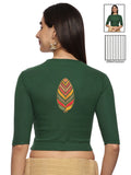 Women Back Printed Stretchable Elbow Sleeve RIB Blouse U0252 Bottle Green