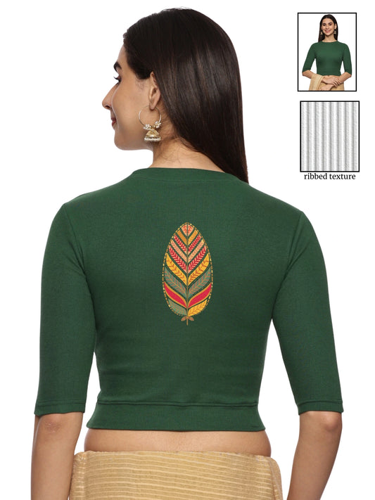 Women Back Printed Stretchable Elbow Sleeve RIB Blouse U0252 Bottle Green