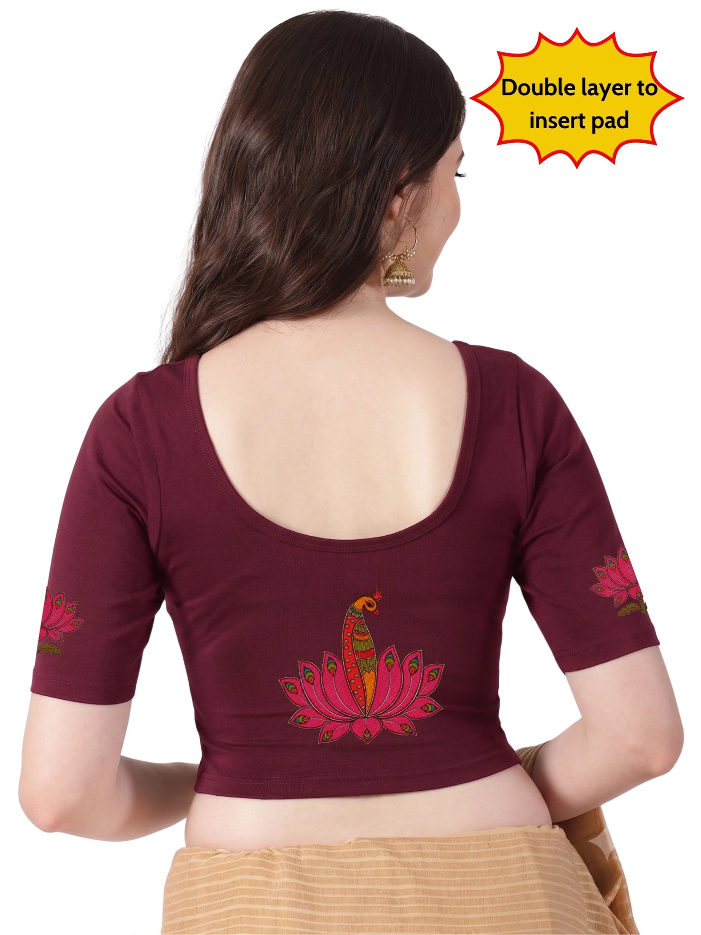 Women Front Open Back Printed Stretchable Half Sleeve Blouse U0259 Maroon