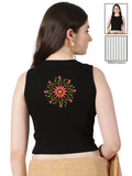 Women Back Printed Stretchable Sleeveless Close Neck RIB Blouse U0236 Black