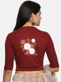 Women Back Printed Stretchable Elbow Sleeve RIB Blouse U0145 Maroon
