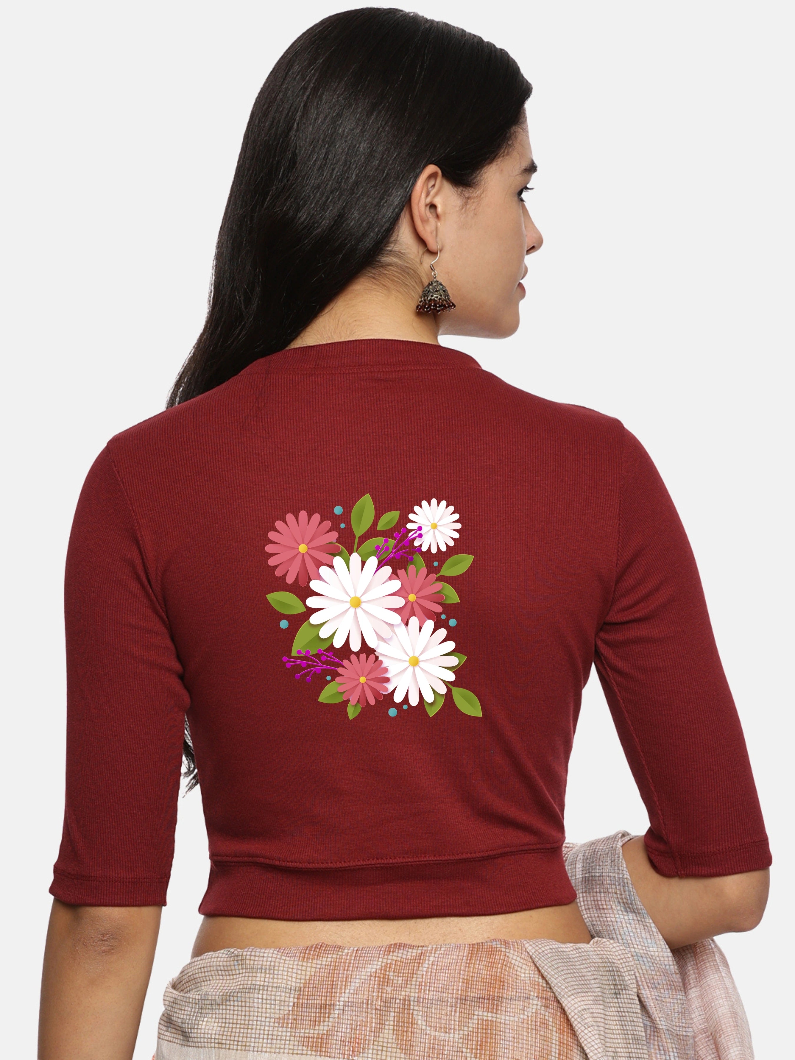 Women Back Printed Stretchable Elbow Sleeve RIB Blouse U0145 - notyetbyus