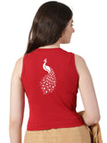 Women Back Printed Stretchable Sleeveless Close Neck RIB Blouse U0256 Red