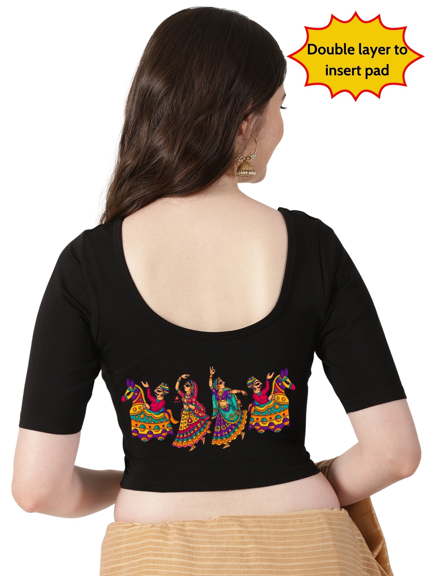 Women Front Open Back Printed Stretchable Half Sleeve Blouse U0260 Black