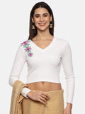 Women Back Printed Stretchable Full Sleeve V Neck RIB Blouse U0212 White