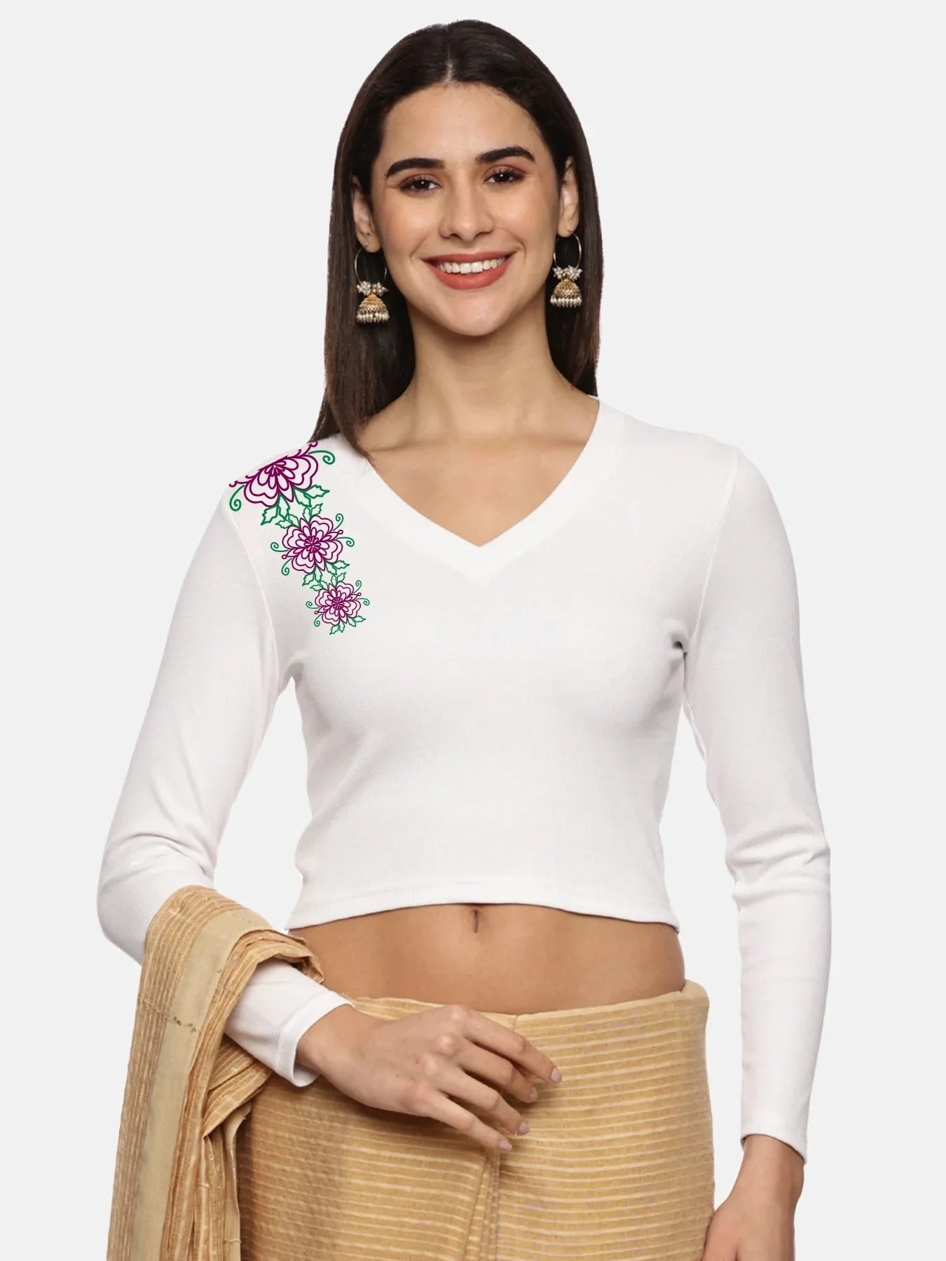 Women Back Printed Stretchable Full Sleeve V Neck RIB Blouse U0212 - notyetbyus