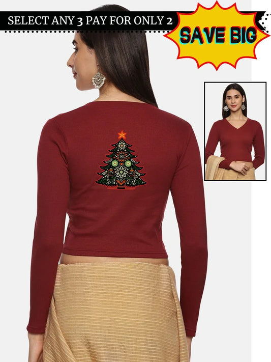 Women Back Printed Stretchable Full Sleeve V Neck RIB Blouse U0192 - notyetbyus