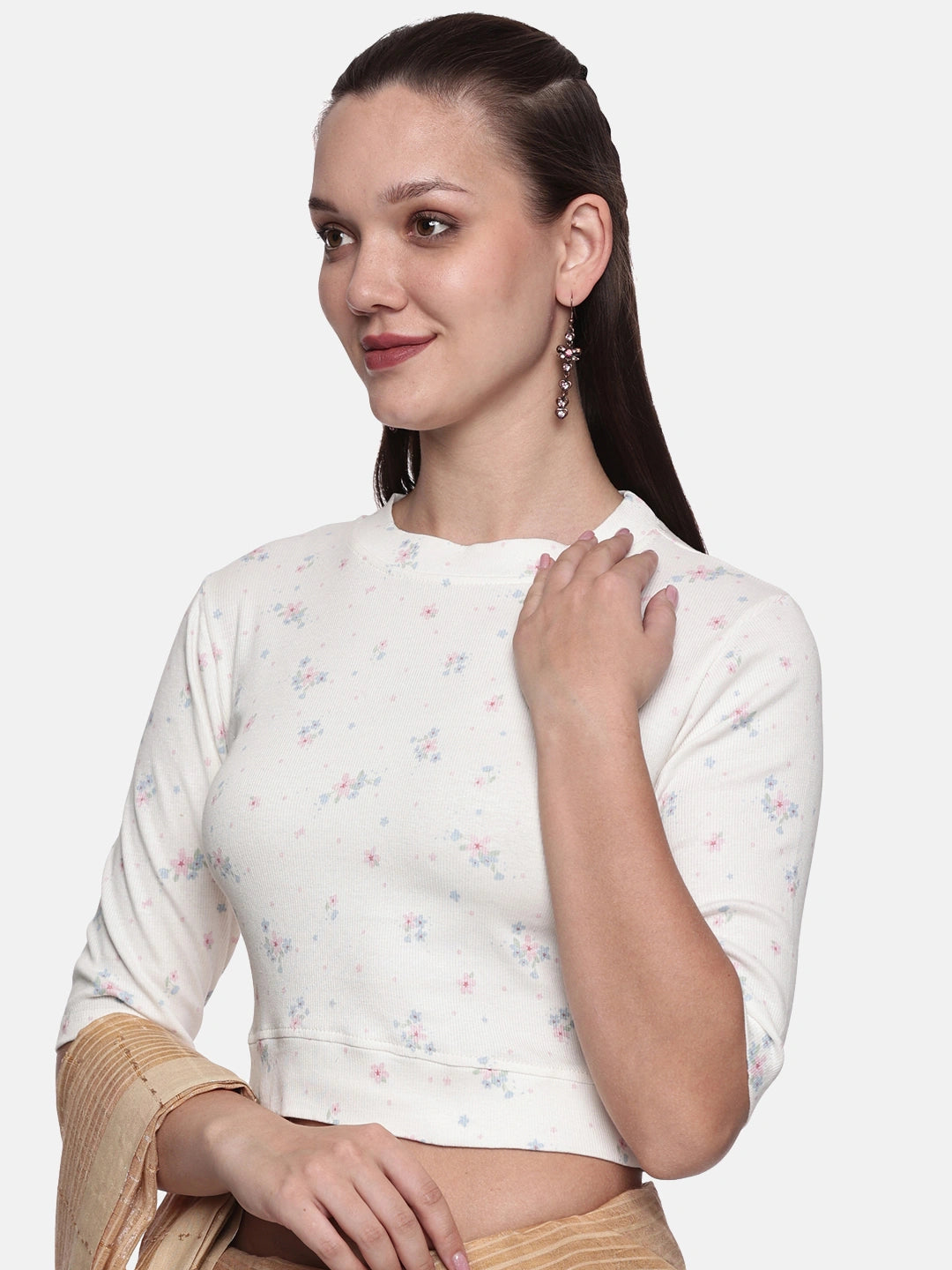 Women Allover Printed Stretchable Elbow Sleeve RIB Blouse UA017 - notyetbyus