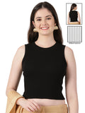 Women Plain Stretchable Sleeveless Close Neck RIB Blouse U0241 Black