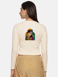 Women Back Printed Stretchable Full Sleeve V Neck RIB Blouse U0185 Cream