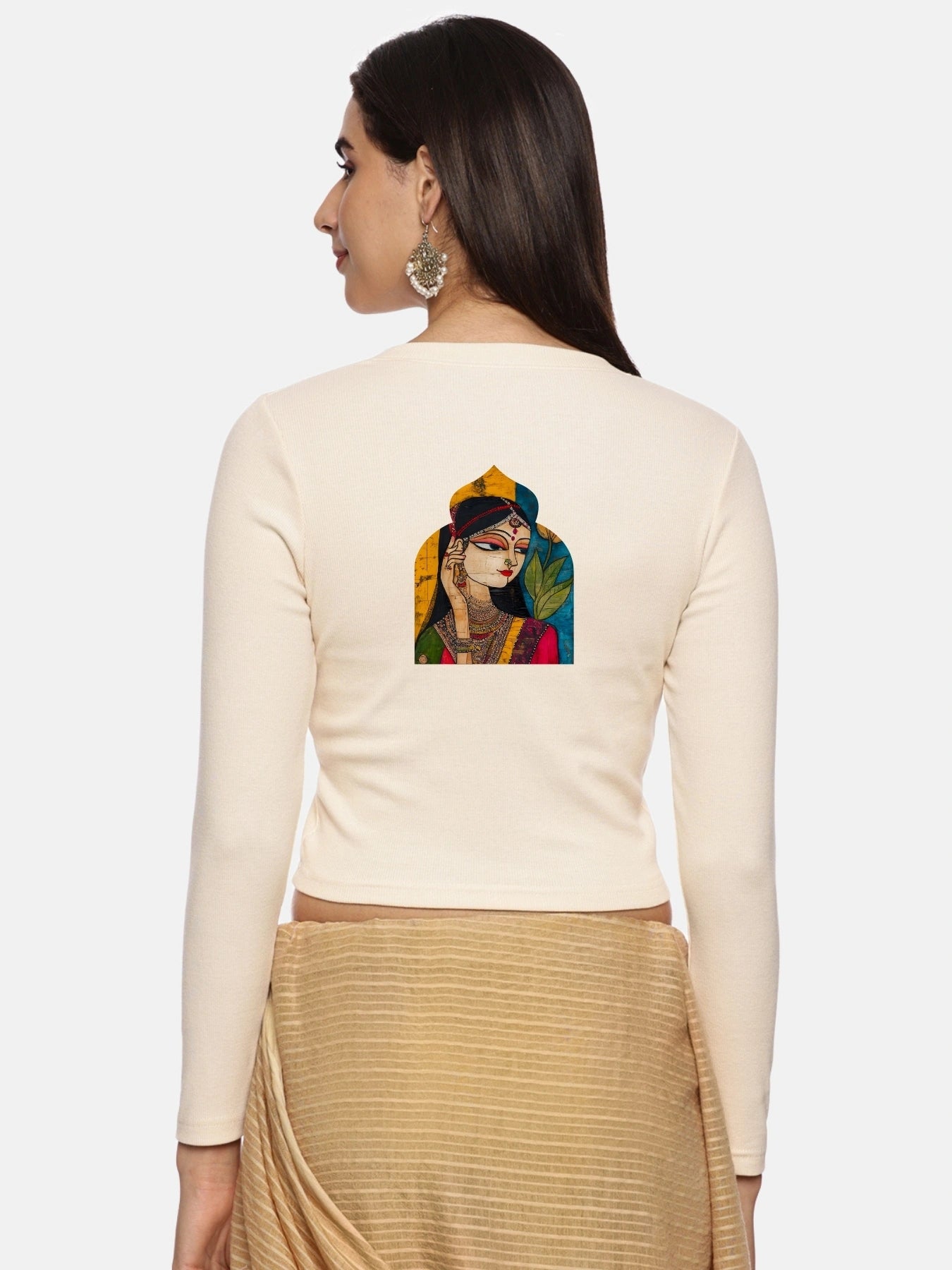 Women Back Printed Stretchable Full Sleeve V Neck RIB Blouse U0185