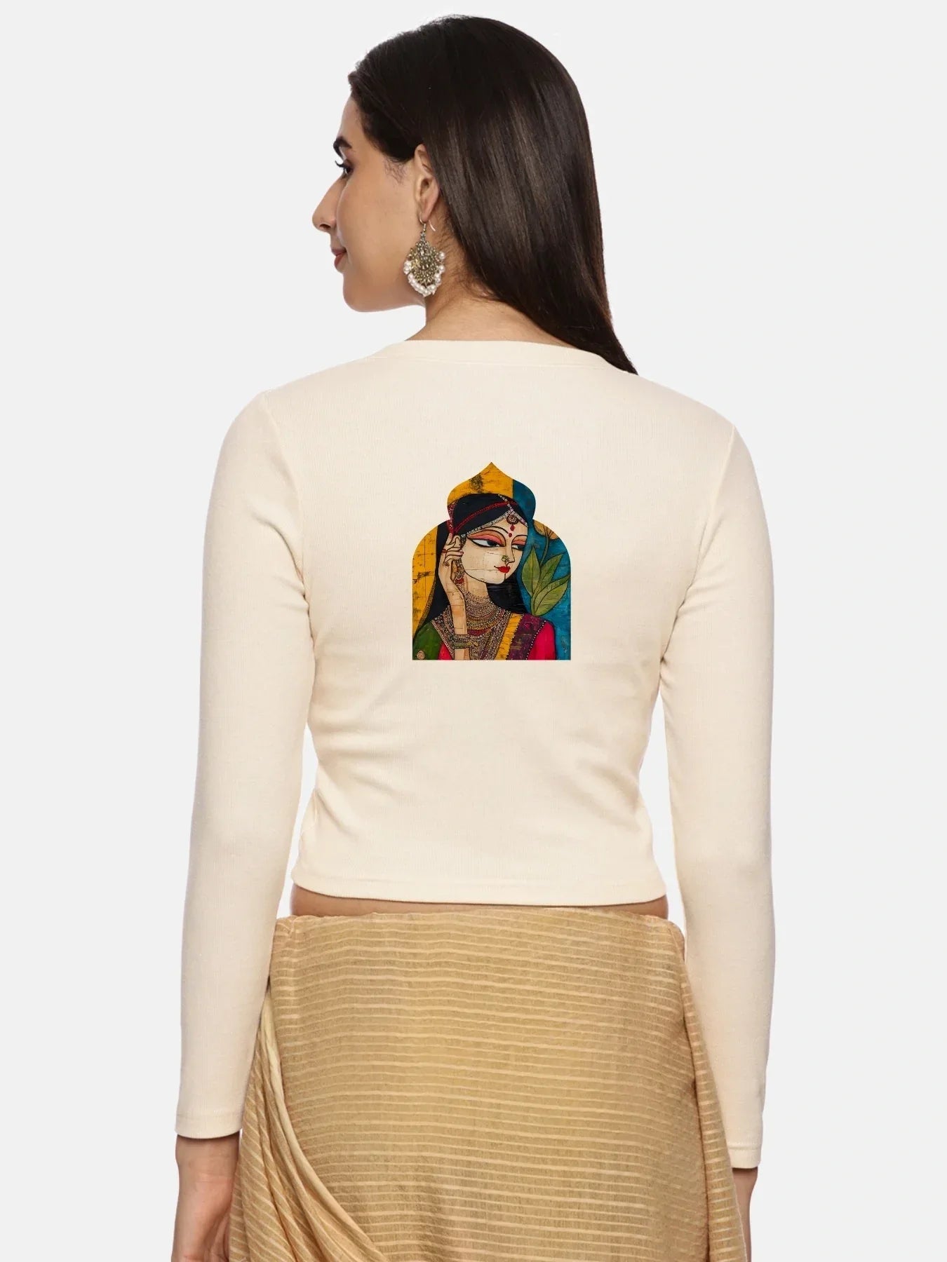 Women Back Printed Stretchable Full Sleeve V Neck RIB Blouse U0185 - notyetbyus