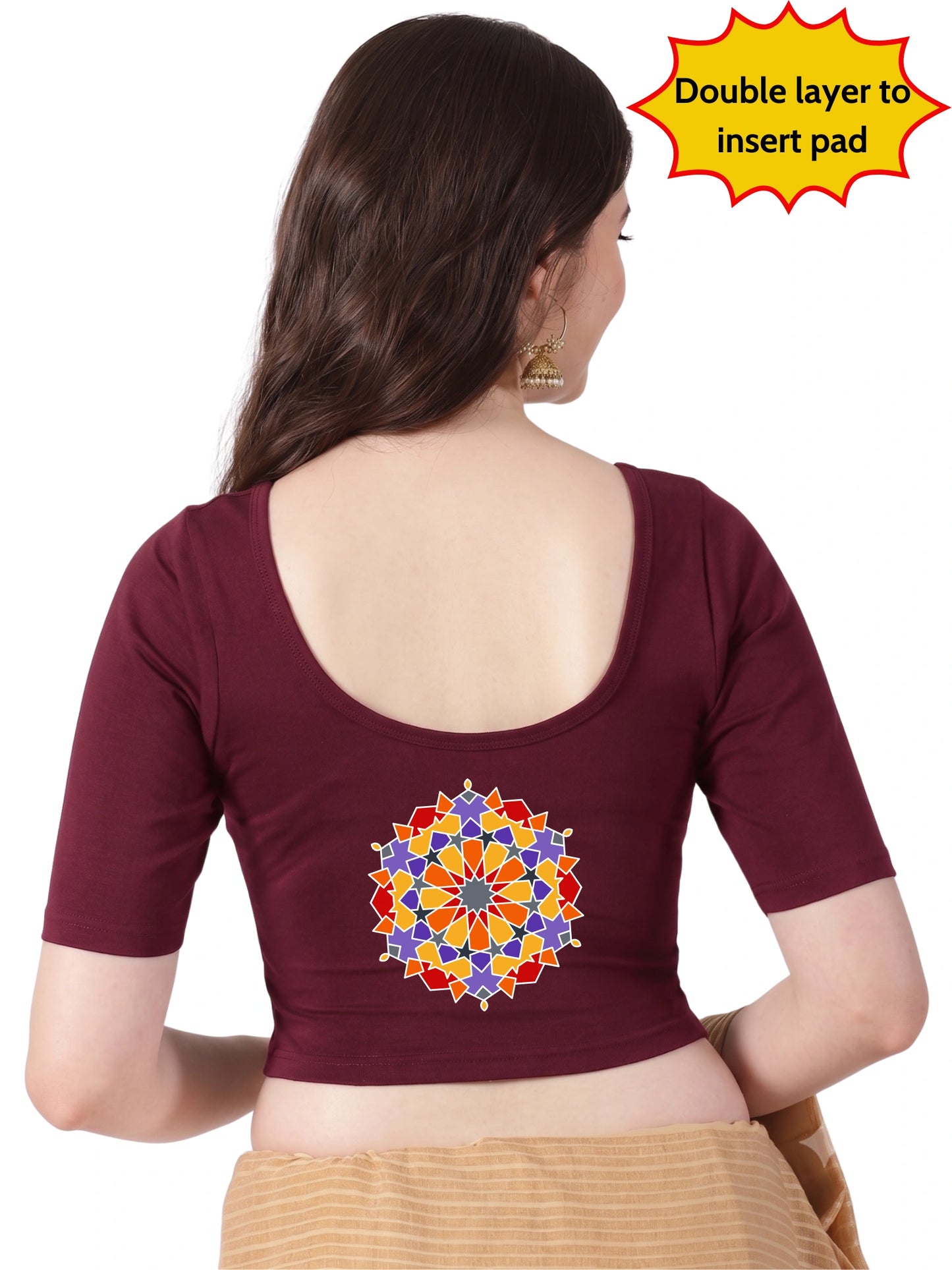 Women Front Open Back Printed Stretchable Half Sleeve Blouse U0266 Maroon