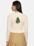 Women Back Printed Stretchable Full Sleeve V Neck RIB Blouse U0187 Cream