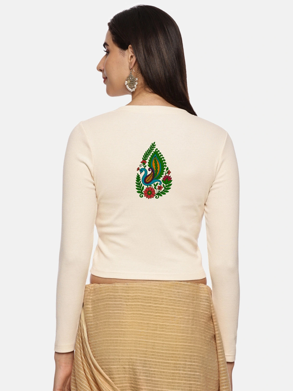 Women Back Printed Stretchable Full Sleeve V Neck RIB Blouse U0187