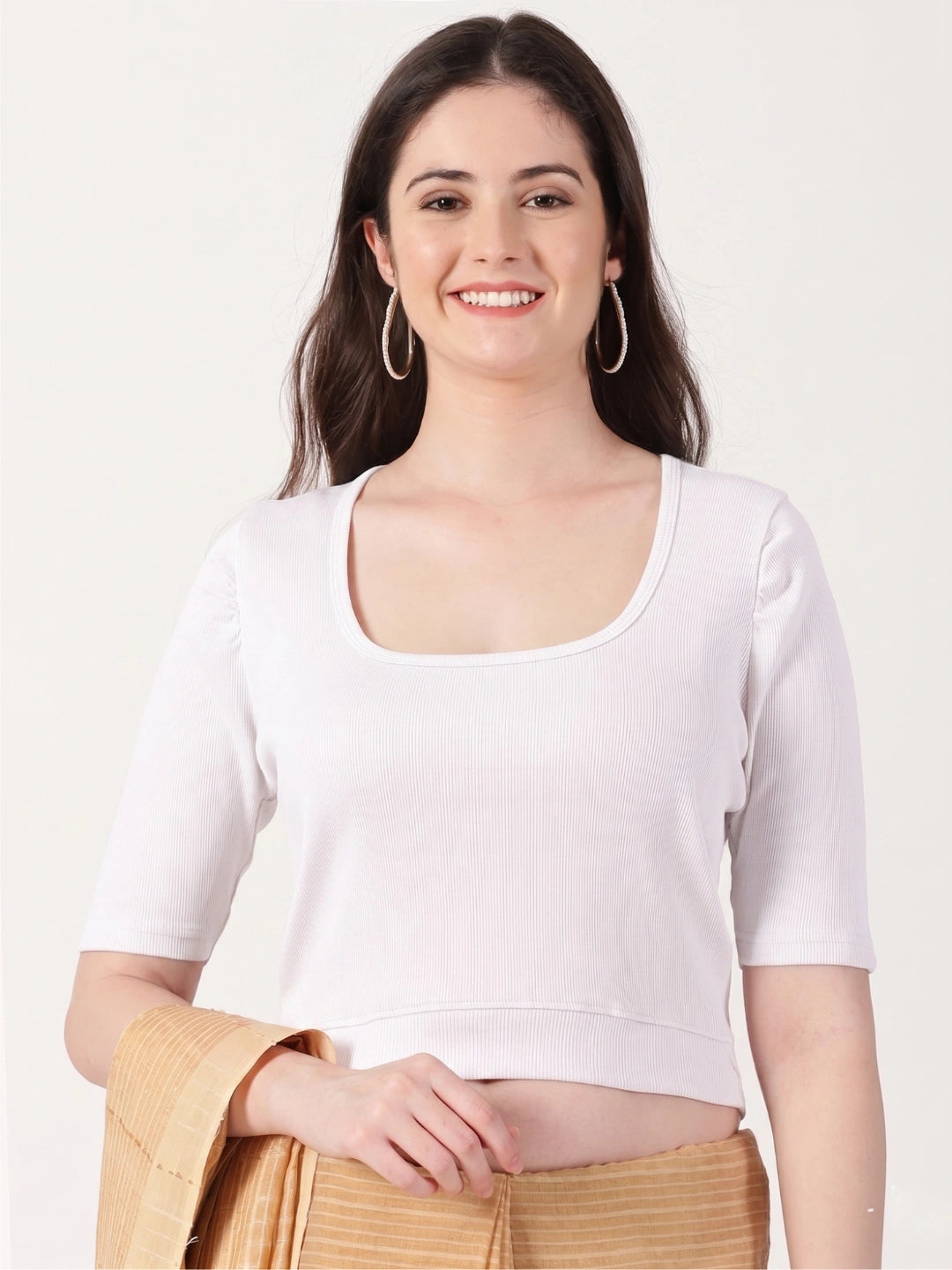Women Stretchable Rib Square Neck Puff Sleeve Blouse Back Print U0258 White
