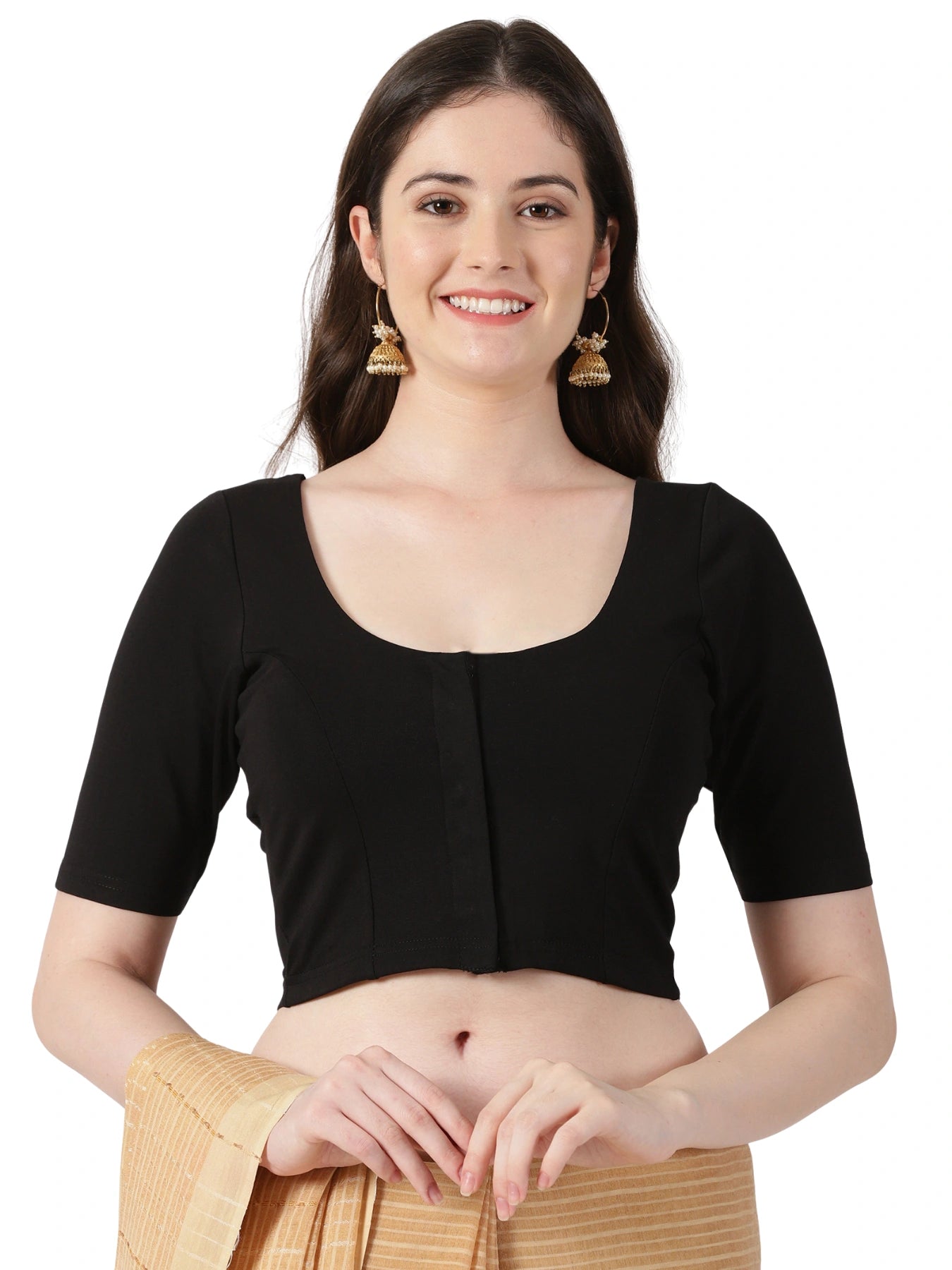DIY Embroidery Kit with Women Front Open Stretchable Half Sleeve Blouse E01 – Black