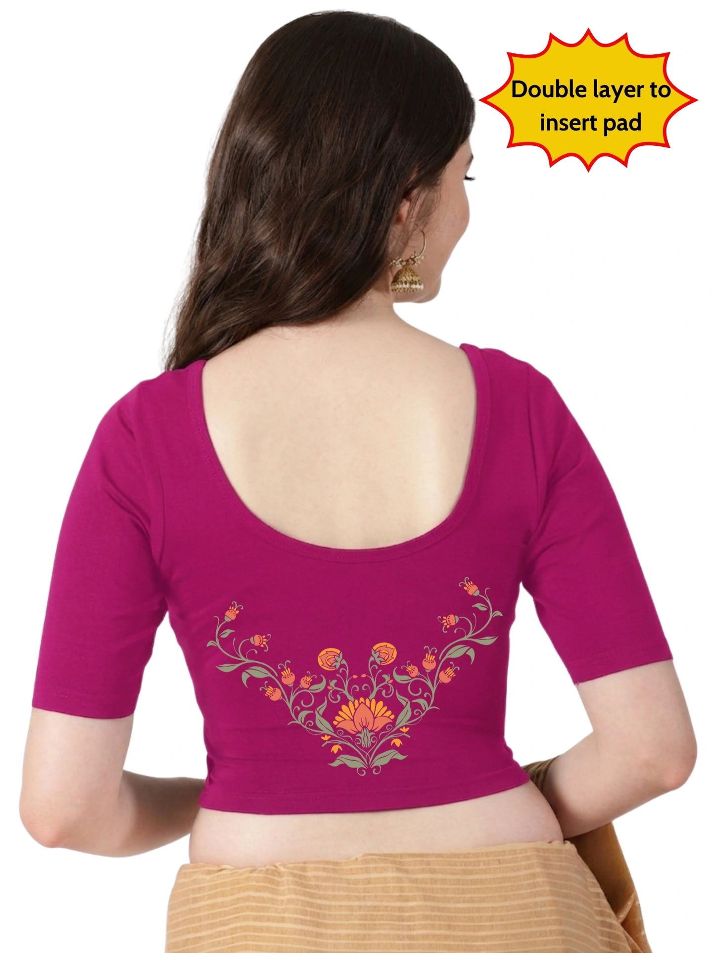 Women Front Open Back Printed Stretchable Half Sleeve Blouse U0264 Rani Pink