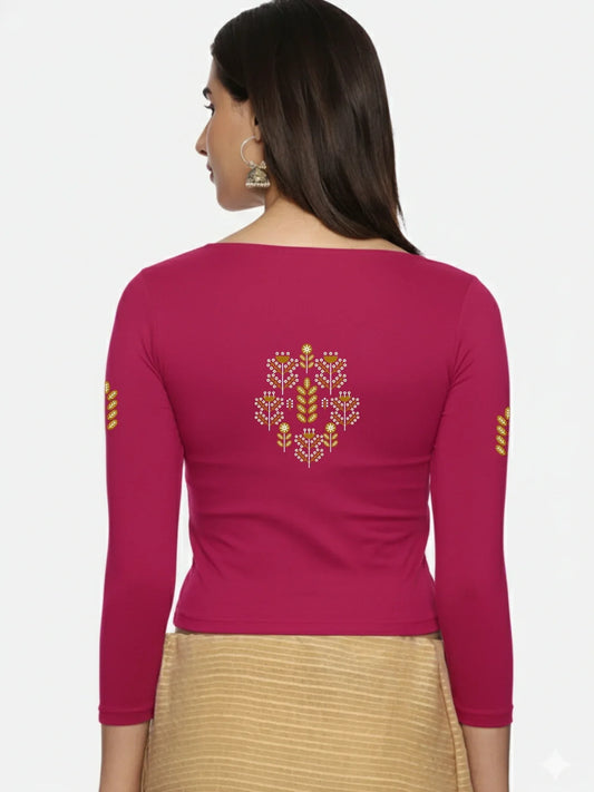 Women Three Fourth Sleeve Back Print Stretchable Blouse U0180 - notyetbyus