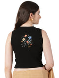 Women Back Printed Stretchable Sleeveless Close Neck RIB Blouse U0237 Black