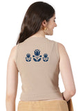 Women Back Printed Stretchable Sleeveless Close Neck RIB Blouse U0238 Chikoo