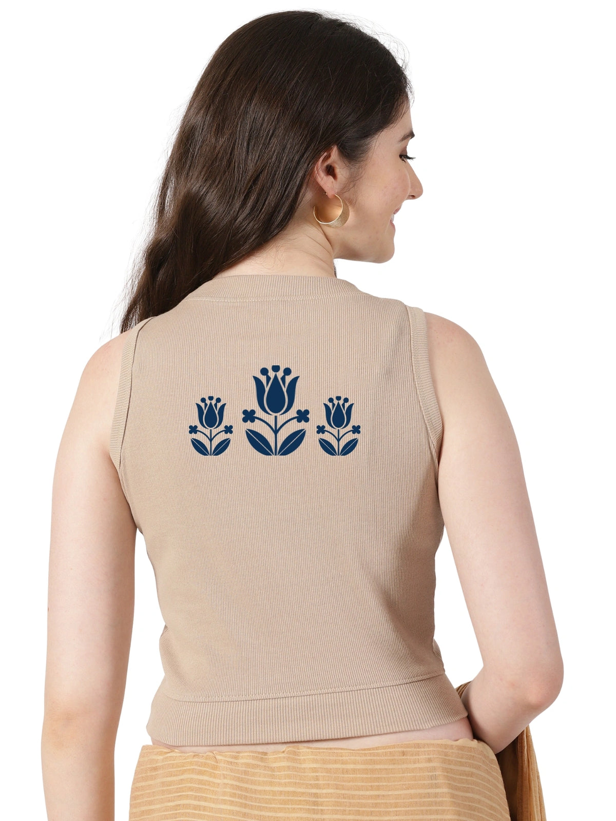 Women Back Printed Stretchable Sleeveless Close Neck RIB Blouse U0238 Chikoo