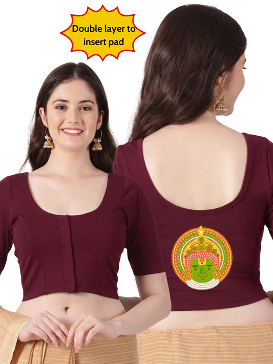 Women Front Open Back Printed Stretchable Half Sleeve Blouse U0263 Maroon