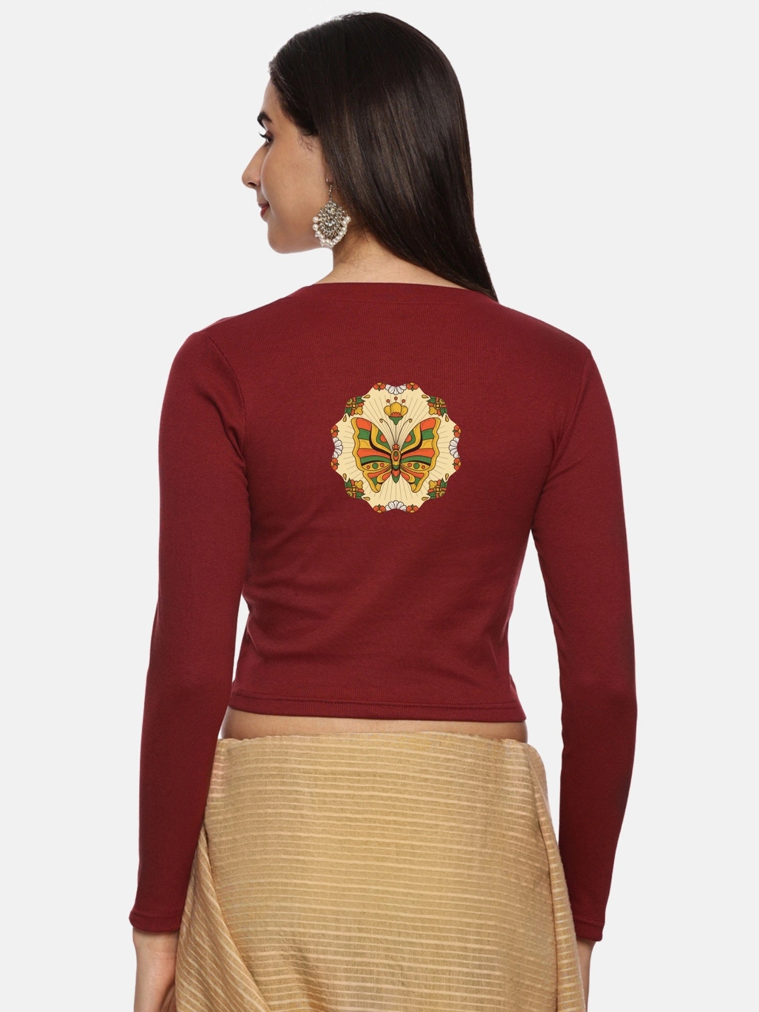 Women Back Printed Stretchable Full Sleeve V Neck RIB Blouse U0184